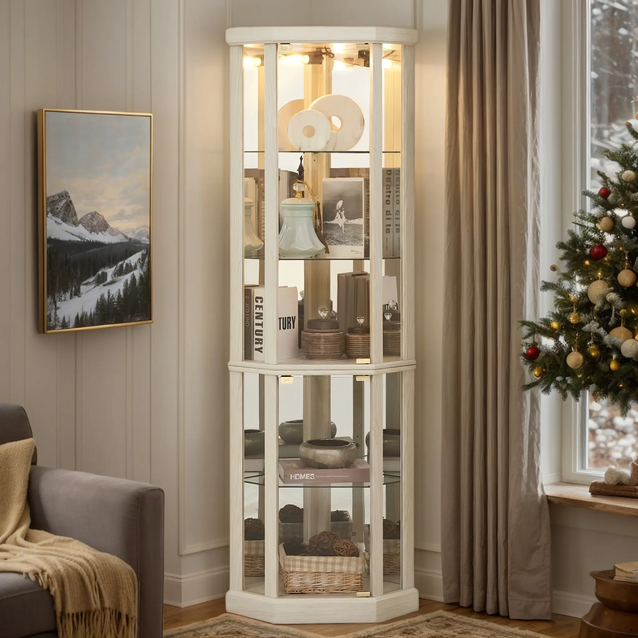 Eyisean 70" Sturdy Wood Lighted Corner Curio Cabinet with LED Light, Tempered Glass Door, Adjustable Corner Shelves, 5-Tier 150 lbs Capacity Space-Saving Storage Unit (Bulb Included, Assembly Required) for Living Room, Wine Bar Collectibles