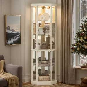 Eyisean 70" H Retro Corner Curio Cabinet, Lighted Glass Display Cage with Tempered Glass Doors & Adjustable Shelves, Light Bulb Inclued, 5-Tier Corner Storage Rack for Living Room, Bedroom, Study Room, Wine Bar China Cabinet for Collectibles