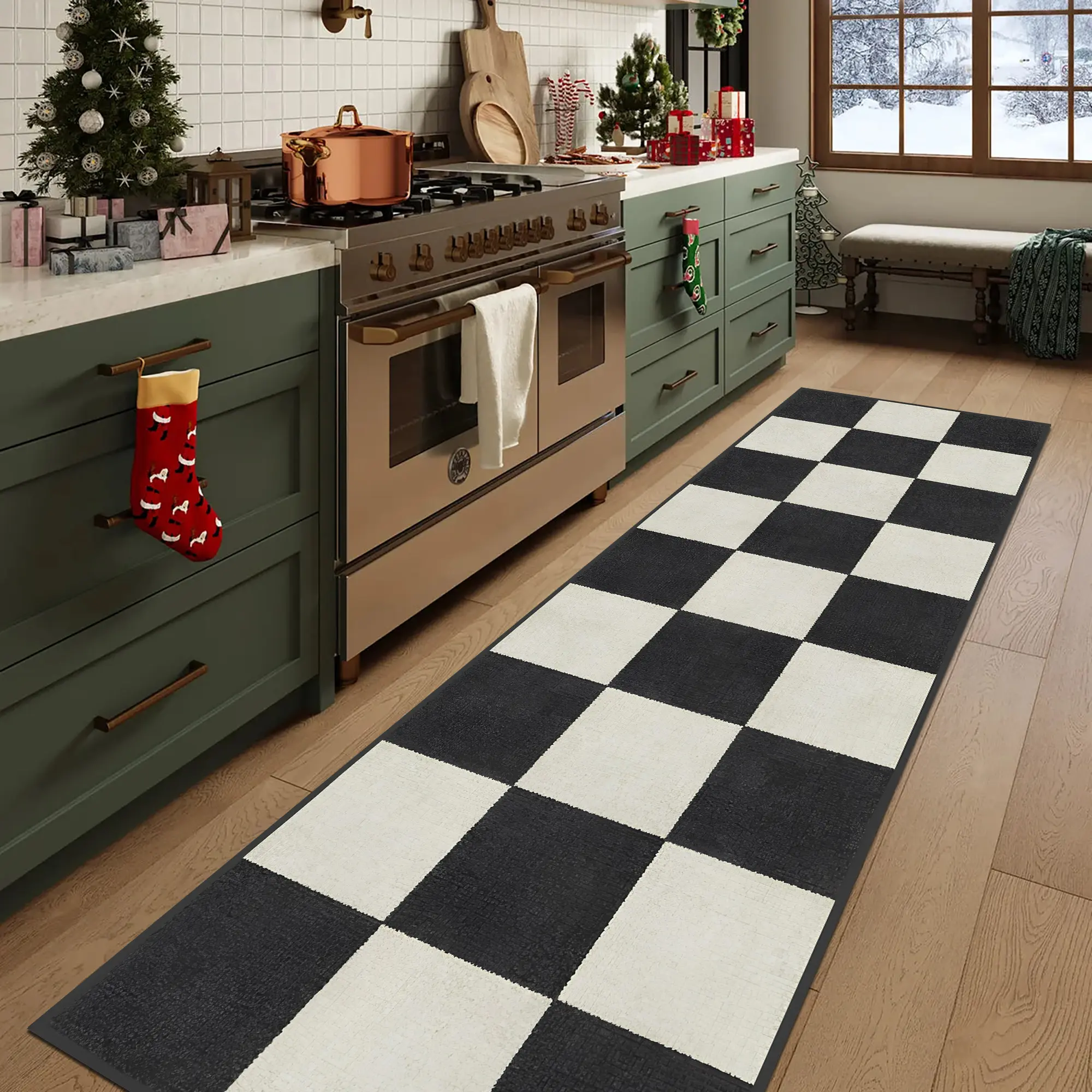 1pc Minimalist Retro Chessboard Square Geometric Pattern Kitchen Rug, Checkered Area Rug, Non-Slip Washable Plush Carpet for Living Room Corridor Bedroom, Machine Washable Rug, Soft Area Rug