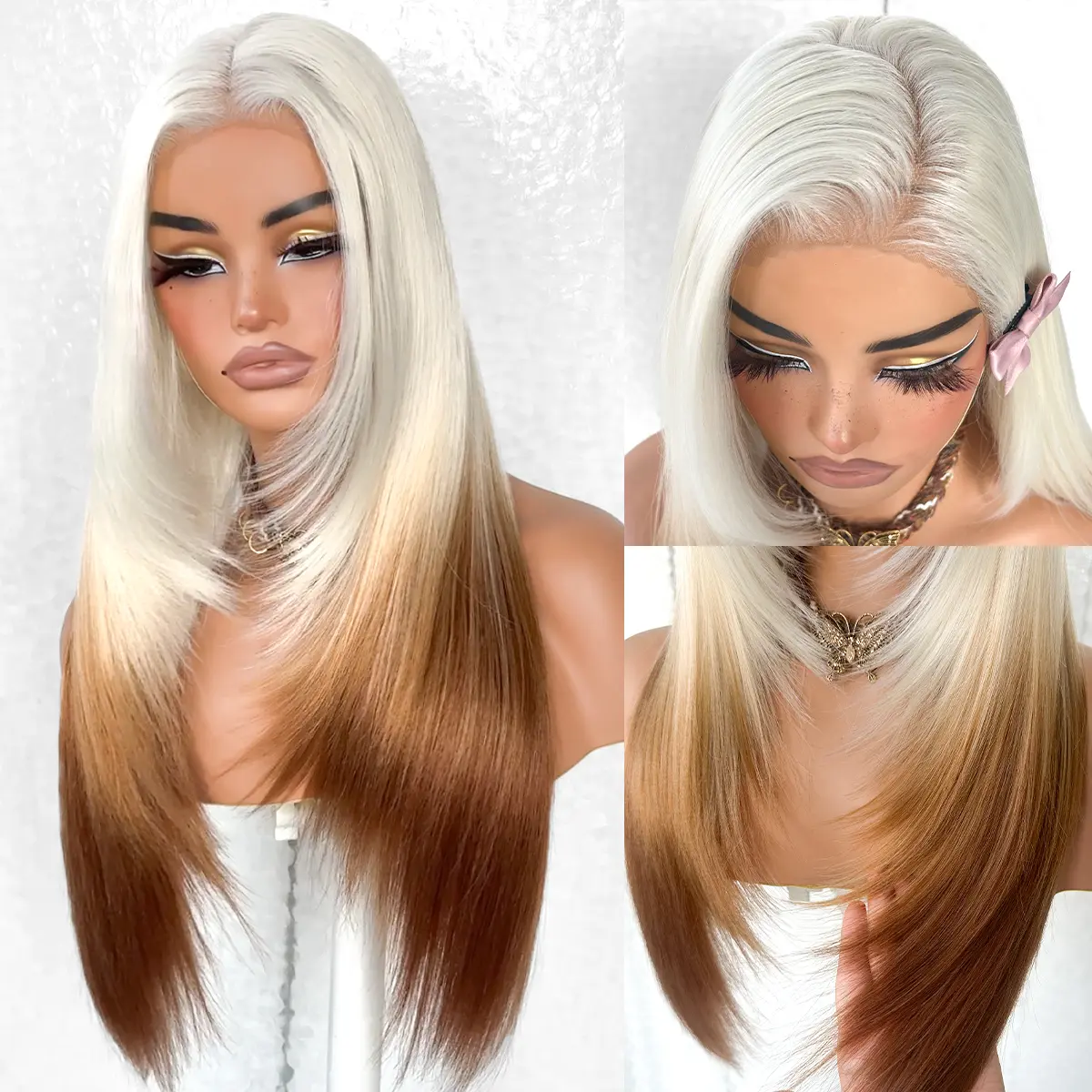 Skunk Stripe 13x6 Glueless Synthetic Lace Front Wig – Wear-And-Go Straight Hair Wig with Pre-Styled Design, Pink Ginger Blonde Reddish Brown Hue, No Hair Pull Feature