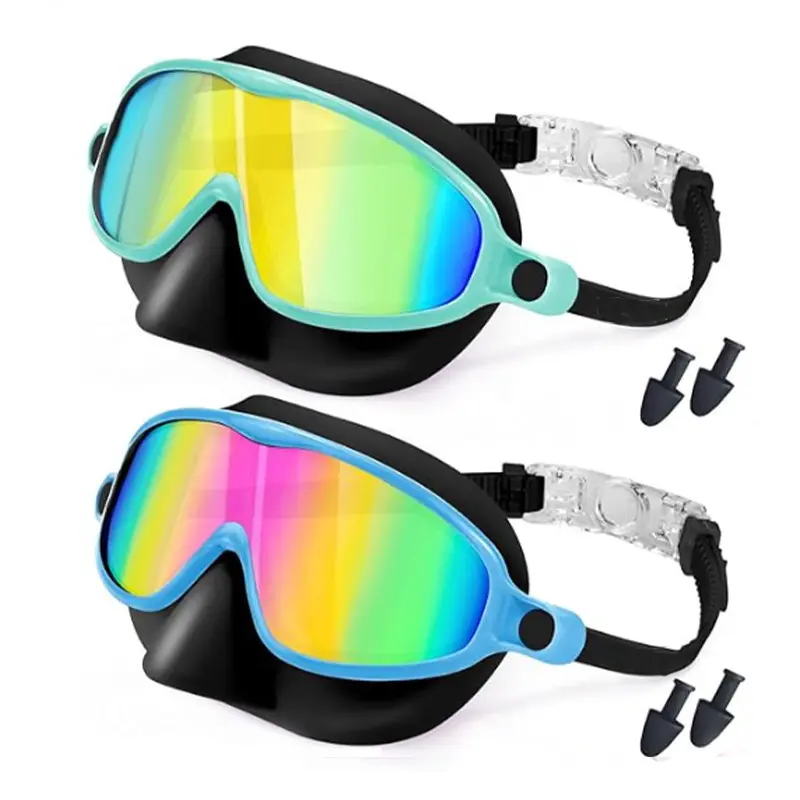 Rainbow Swimming Goggles 2-Pack, Color-Changing Mirrored Lenses with Integrated Nose Cover, Adjustable Water Resistant Silicone Strap, Anti-Fog UV Protection, Beginners, Children, Color-Changing Lenses, Comfortable, Set 1, Detachable