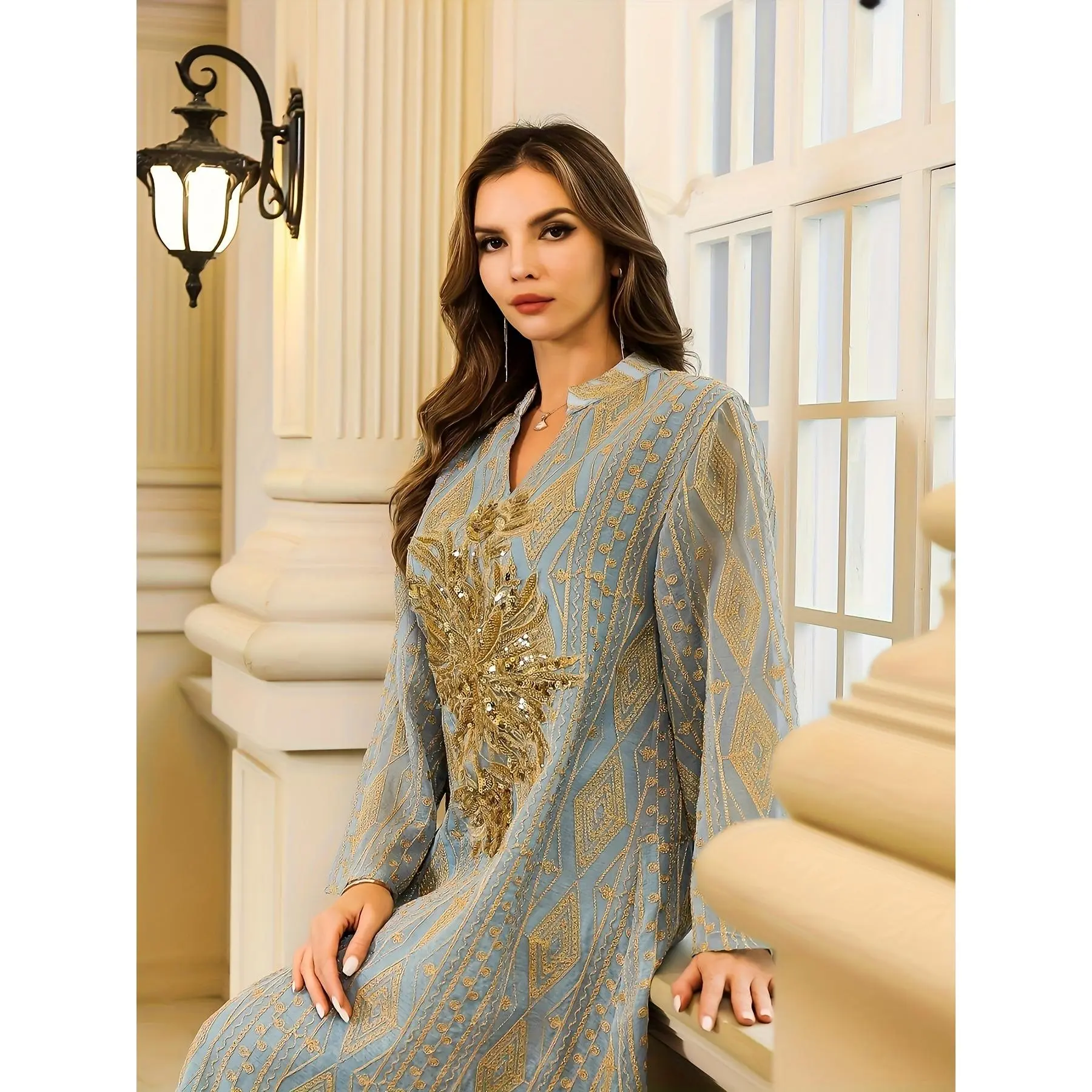 Modest Muslim Women's Full-Length Abaya Toga Dress - Middle Eastern Style, Long Sleeve Polyester Gown, Golden Embroidery, Geometric Pattern, Loose Fit, Hand Wash Only, for Weddings & Evening Formal Events, Islamic Clothing