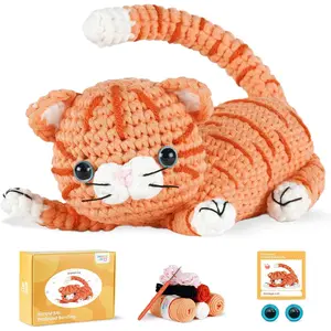 Kit de ganchillo para adultos principiantes, aprender a tejer, incluye hilo suave fácil de tejer, tutorial en video paso a paso, gancho, regalo de cumpleaños de vacaciones (gato naranja)