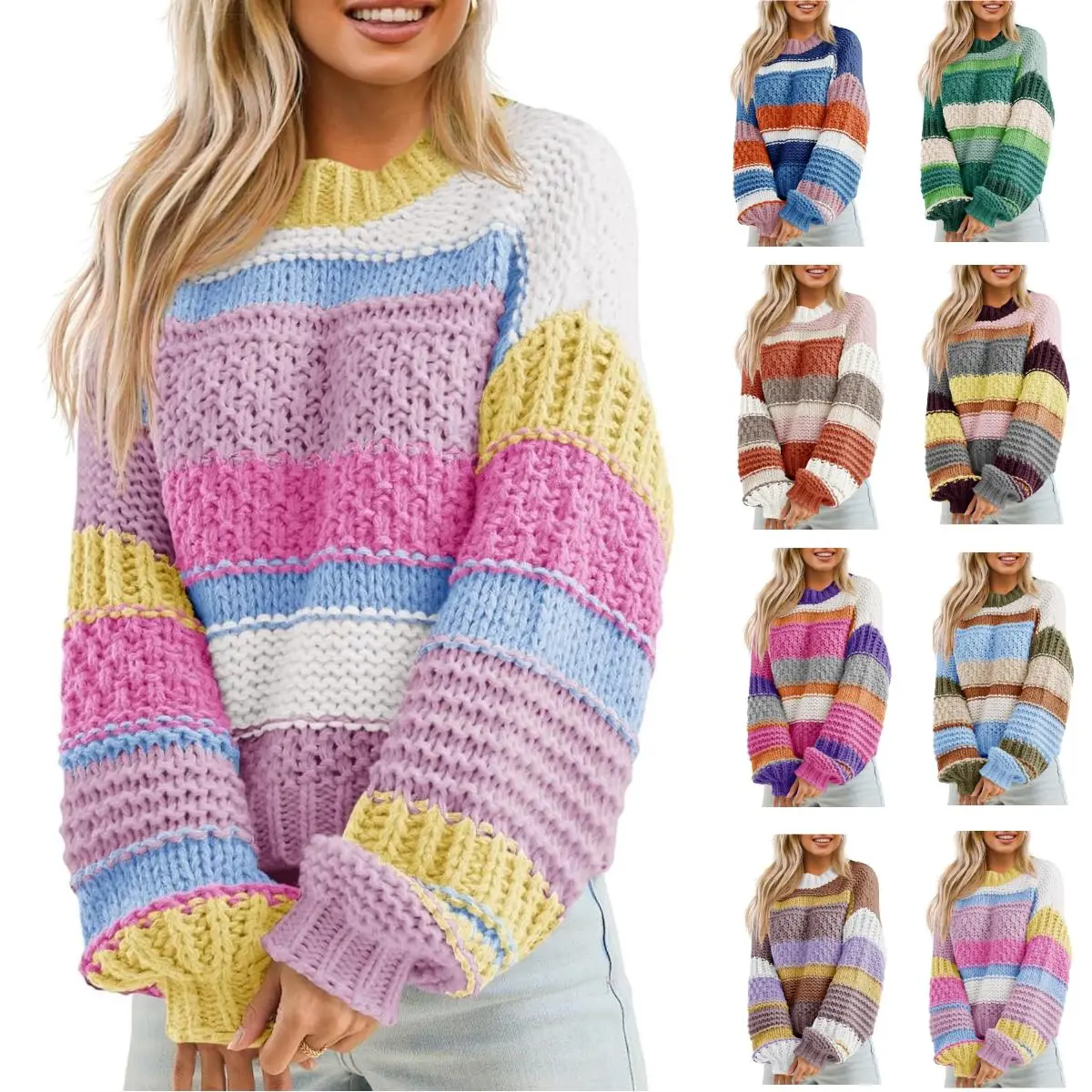 Imily Bela Womens Color Block Sweater Striped Chunky Knit Cropped Sweaters Crewneck Fall Long Sleeve Loose Pullover Top
