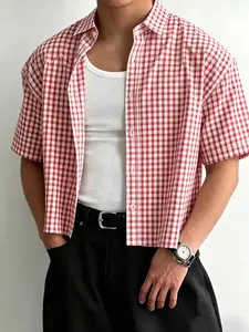 Men's Plaid Checked Short Shirt, Casual Loose Sleeve, Vintage Y2K Streetwear Style, Loose Fit, Casual Wear, Daily, Campus Commute, Party, Unique Design, Menswear