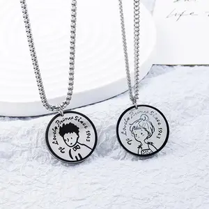Little Prince and Princess Couple Necklaces for Men and Women Versatile Hip-Hop Ins Style Round Plate Titanium Steel Sweater Chain Disco Trendy Accessories