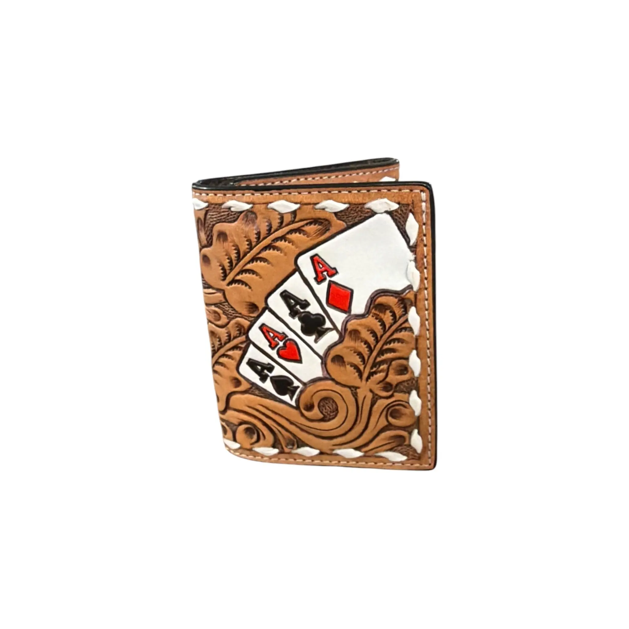 Men's Genuine Leather Western Trifold Wallet - Hand-Tooled Floral Motif, Aces Overlay, Multiple Card Slots, Compact, Western Casual, Gifts for Boyfriend, Unique Gifts for Man