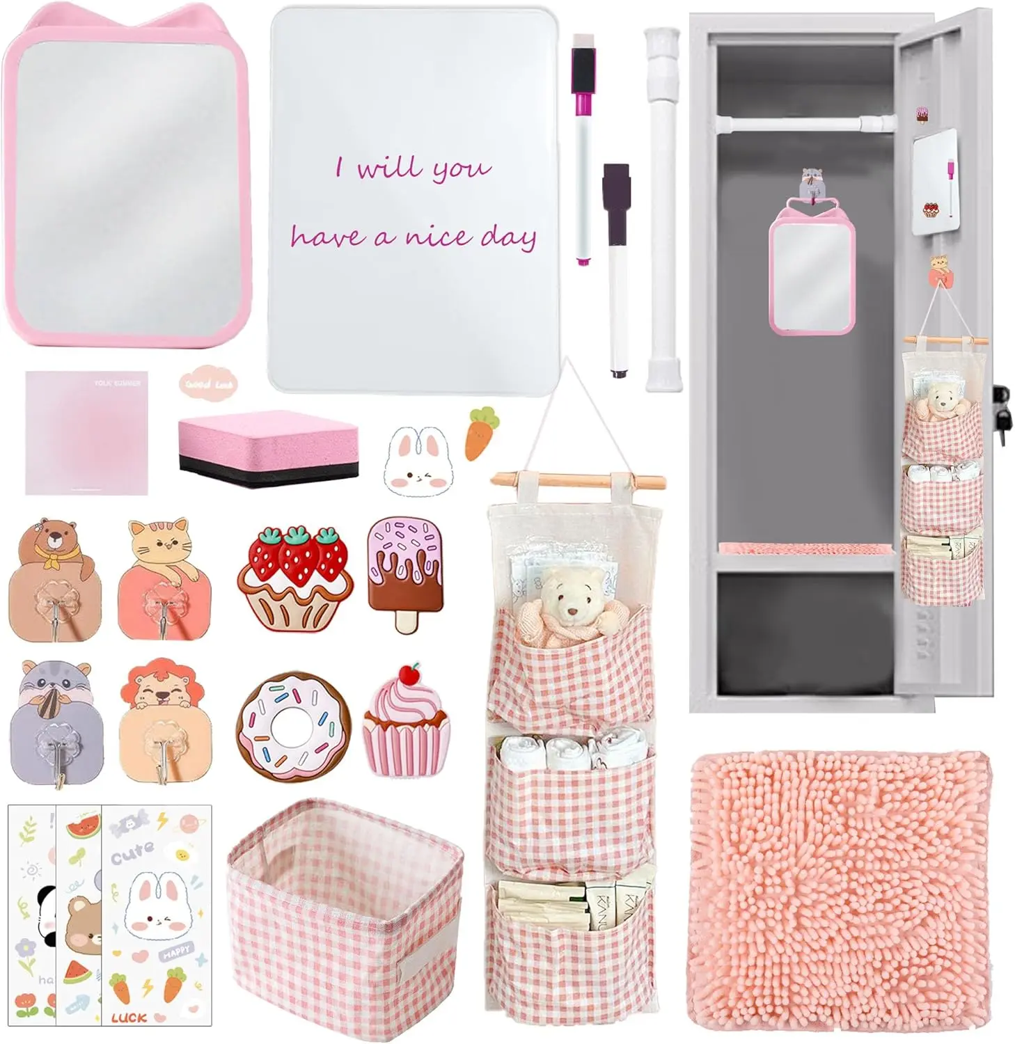 Locker Accessories Kit with  Whiteboard, Mirror, Hook, Rug, Storage Bag, Pen Holder -  to School Essentials for Girls' Locker Organizer