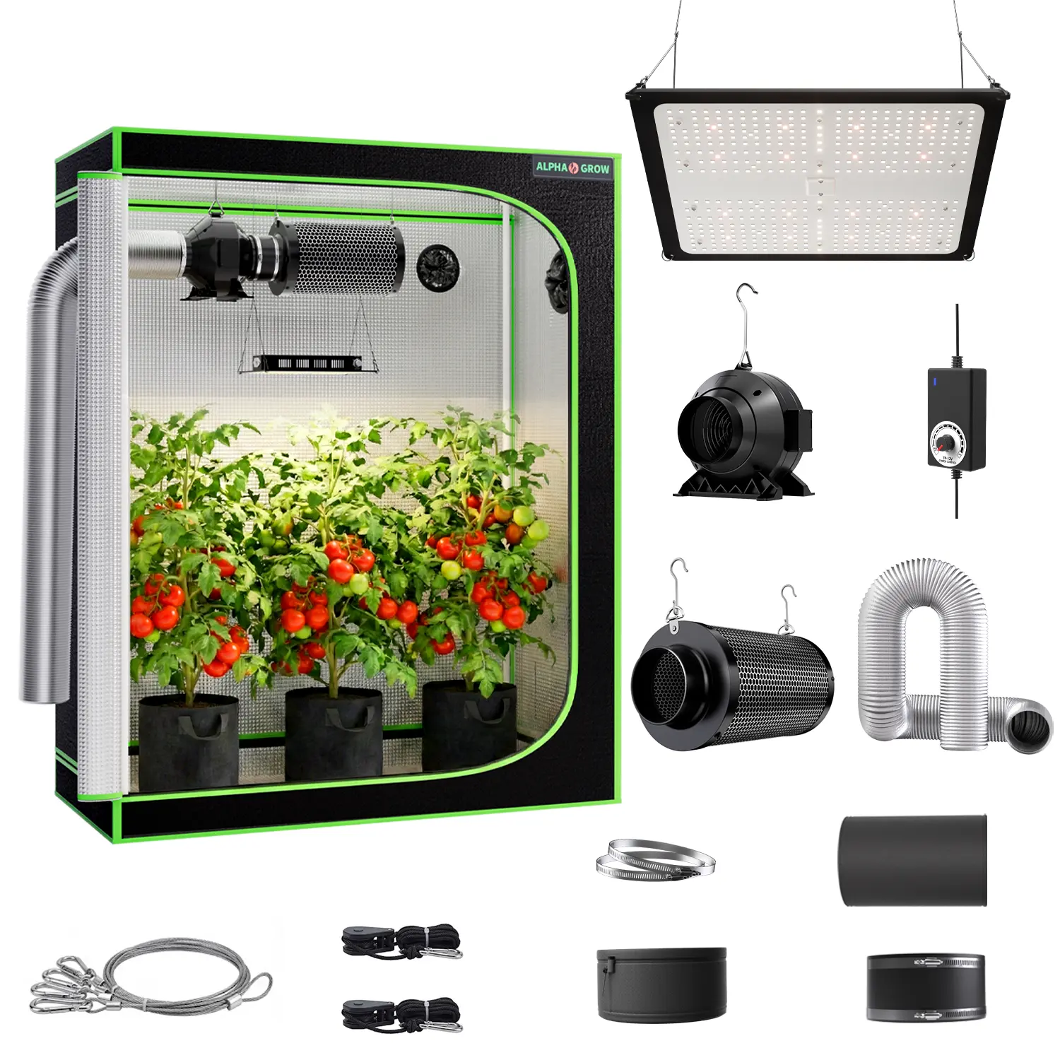 ALPHAGROW Mylar Metal Reflective Garden Greenhouse Kit - Adjustable Grow Tent System with 100W Full Spectrum LED Grow Light for Seedlings, 4in Inline Fan, Carbon Filter, 8ft Ducting, Speed Controller, Zippered Enclosure (2x2,2x4,3x3,4x4 Sizes), Cultivatio