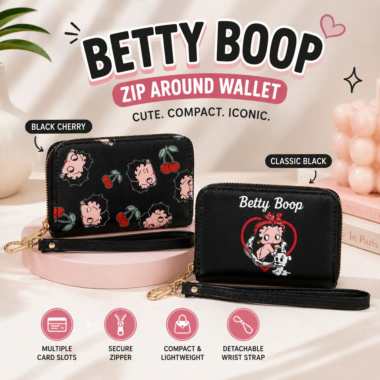 Betty Boop Zip Around Wallet - Black Cherry & Classic Black - Compact PU Leather with Gold-Tone Zipper & Detachable Wrist Strap - Multiple Card Slots & Secure Coin Pocket
