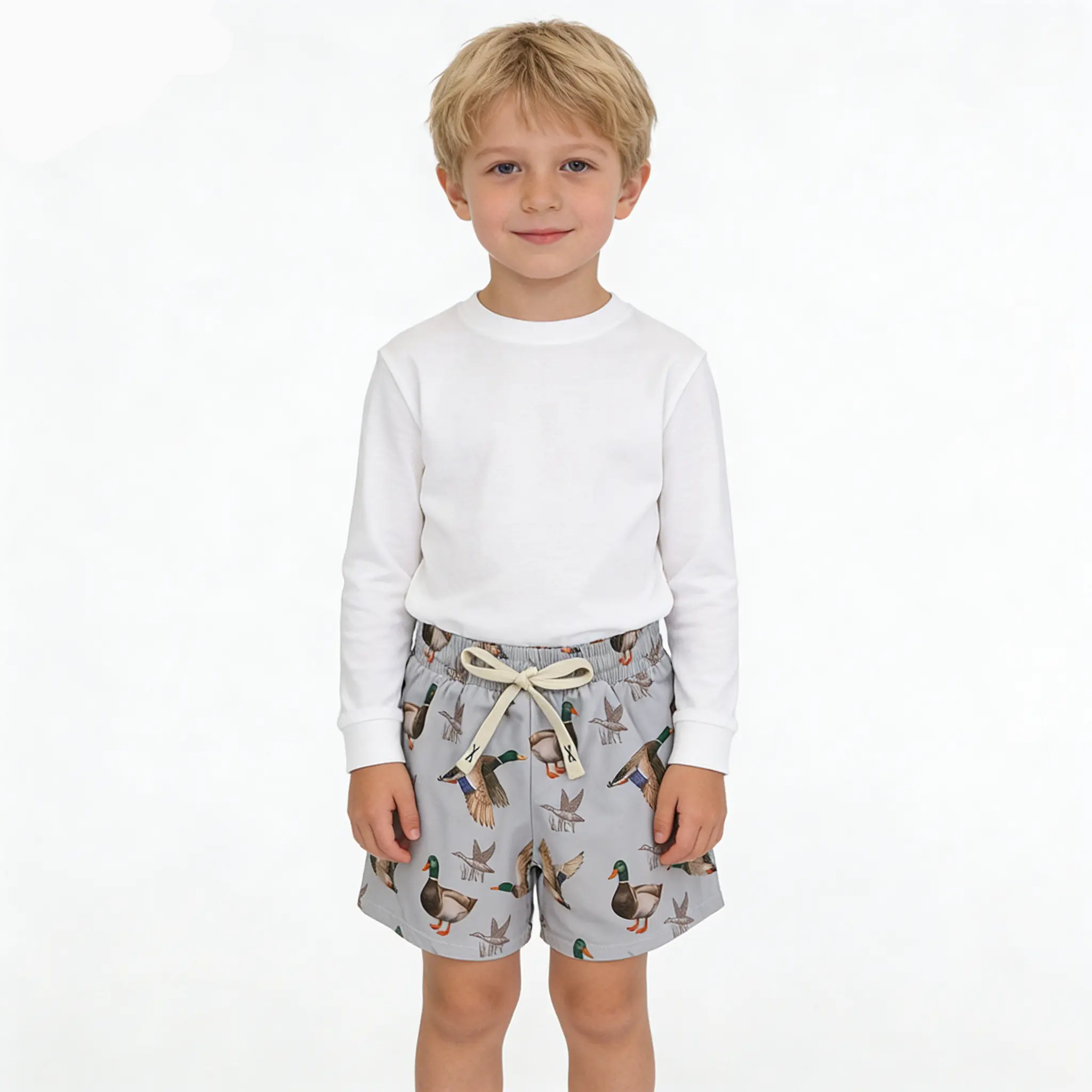 Baby Boys Light Grey Mallard Ducks Pattern Quick Try Beach Board Summer Swim Trunks Swimwear Shorts Bottom