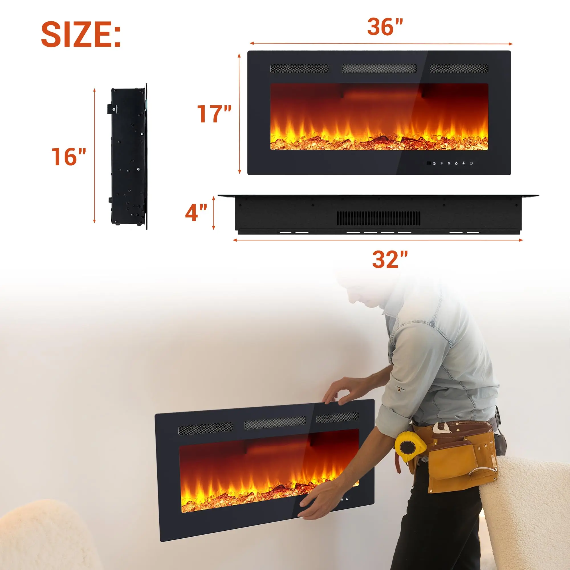 【Christmas Gift】36 in Recessed Electric Fireplace with Remote Control, Electric Fireplace Wall Mounted, Low Noise Wall Fireplaces Heater with Timer, Touch Screen, Adjustable Flame Color and Brightness, 750/1500w
