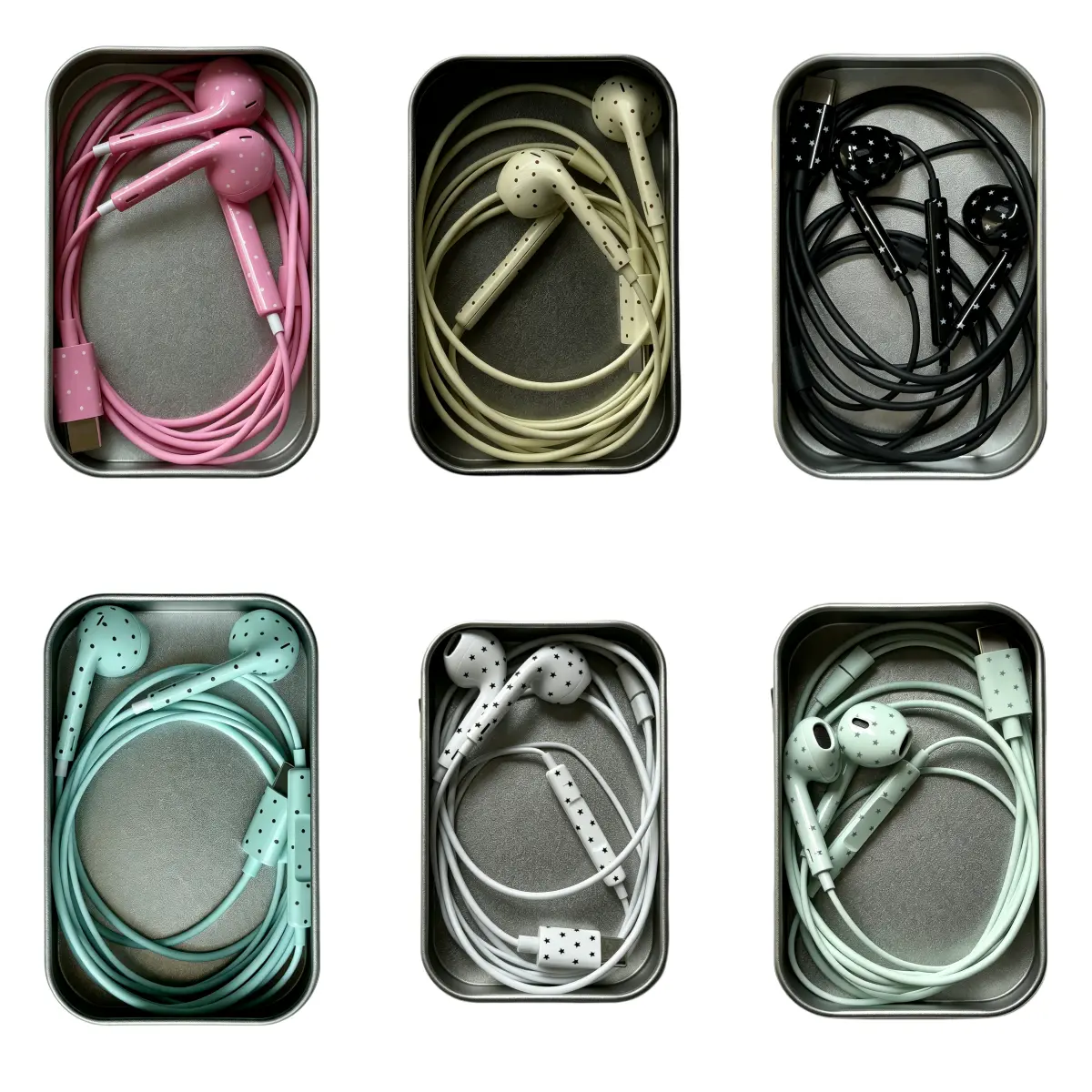 Cute Star & Polka Dot Type-C Wired Earbuds with Portable Metal Storage Box, Heavy Bass Open Semi In-Ear Headphones with Mic, Girly Aesthetic Earphones for Music & Binge Watching, Compatible with iPhone 15/16/17 Promax/Plus/E/Air/Pro