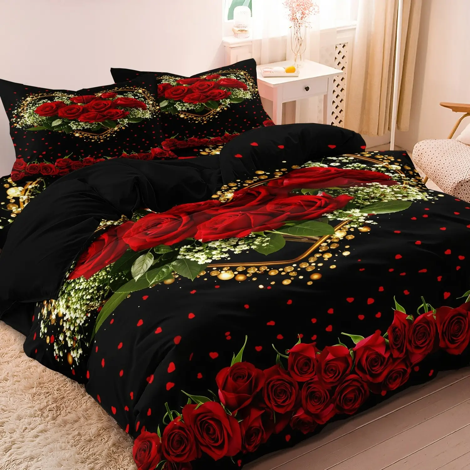 3pcs Duvet Cover Set, Valentine'S Day Imitation Rose Flowering Plant Print Bedding Set, Soft Comfortable Decorative Duvet Cover, For Bedroom, Guest Room, Bed Sets Supplies, Bed Covers (1*Duvet Cover + 2*Pillowcase, Without Core)