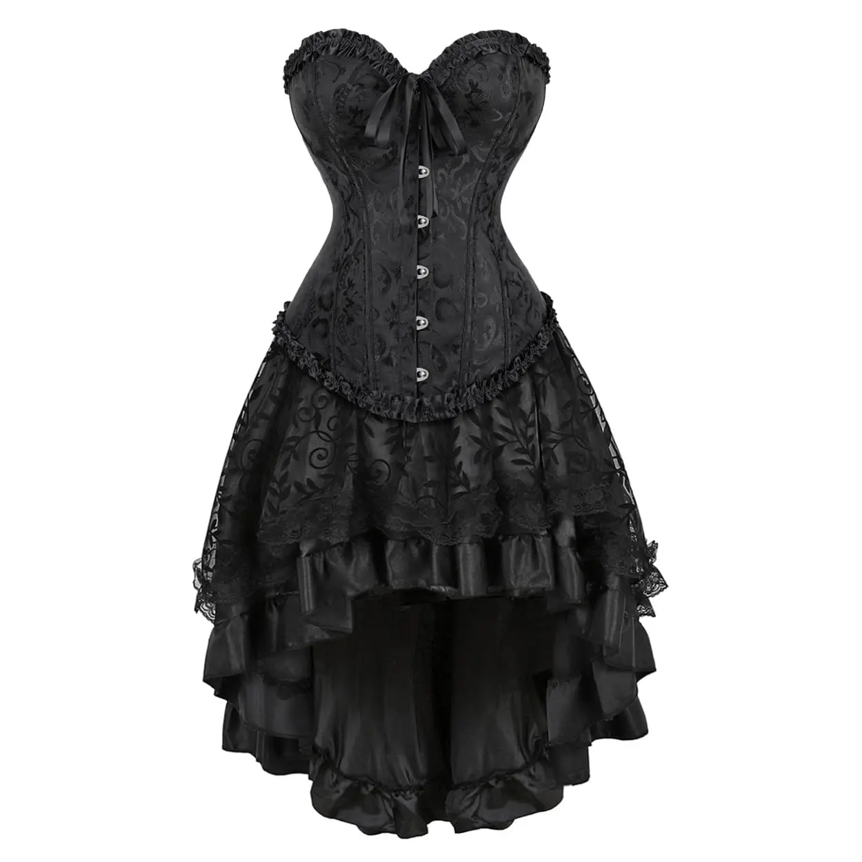 Corset & Co Vintage Victorian High Low Dress Elegant Black Lace & Brocade Bustier Party Dress Gothic Cosplay & Renaissance Faire Prom Gown for Women