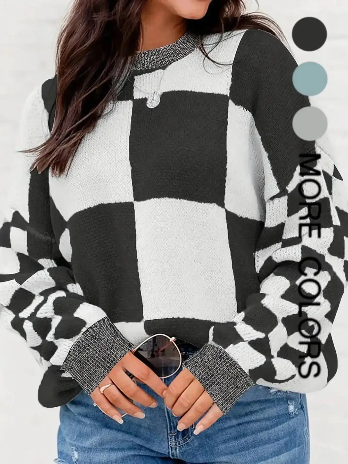 Women's Plaid Print Drop Shoulder Sweater, Casual Long Sleeve Round Neck Jumper for Fall & Winter, Fashion Ladies' Knitwear Daily Wear, Cozy, Versatile, Comfort, Style, Outfit, Essential, Trendy, Chic