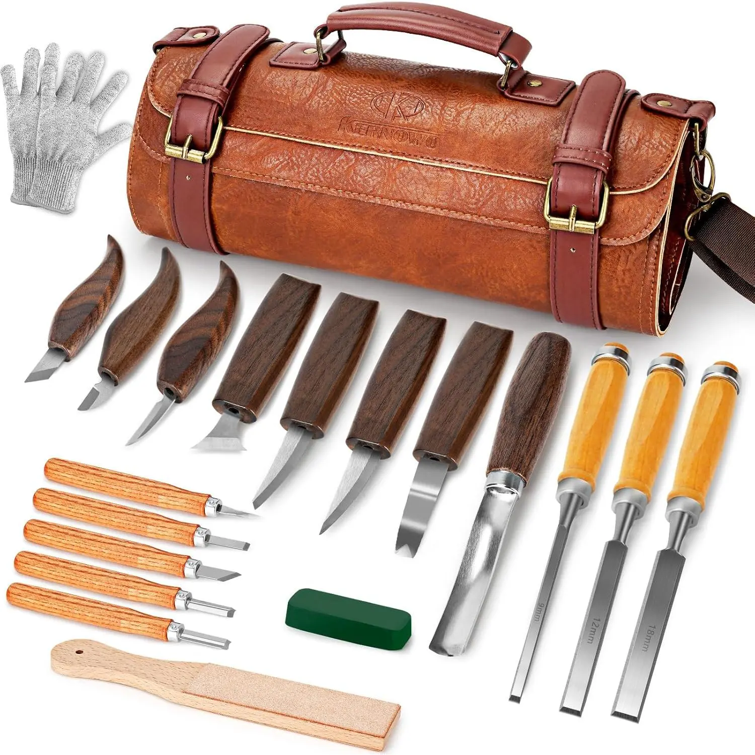 20-Piece Wood Carving Kit for Beginners and Enthusiasts with Whittling Knives, Detail Knives, Chisels, and a Leather Storage Bag