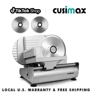CUSIMAX 200W Power Electric Meat Slicer - 7.5in Removable Stainless Steel Blades (2 Pcs), Corded, Adjustable Thickness Knob, Food Pusher & Carriage, Easy Cleanup for Deli, Cheese, Precise Cut