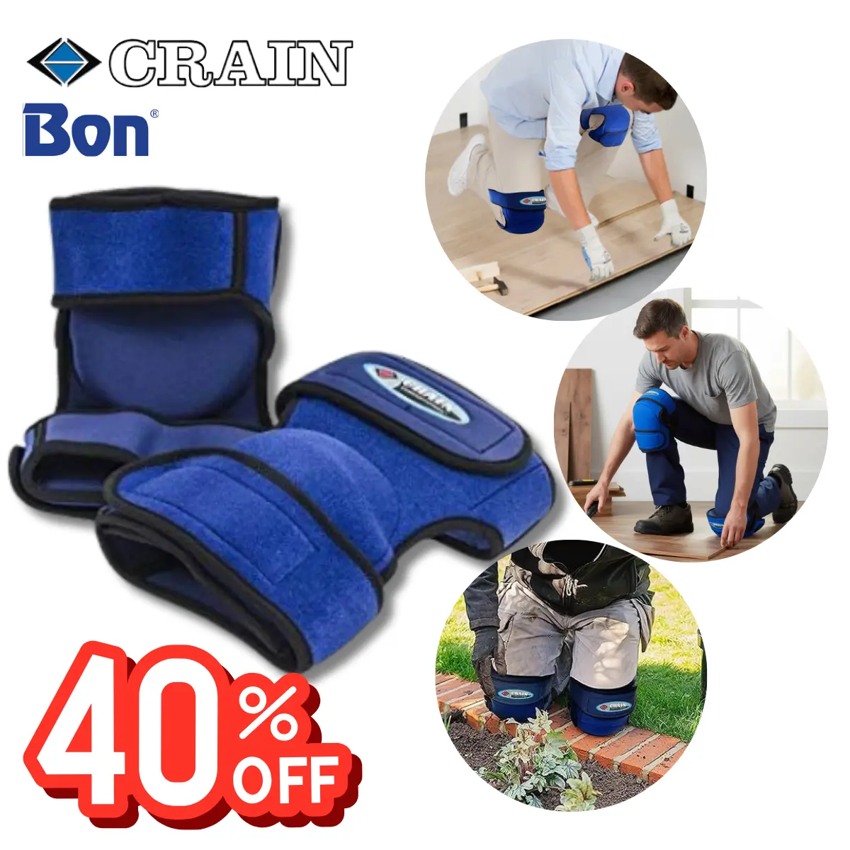 BonTool Crain Knee Pads Blue & Coco Ruta Thick Cushion Anti-Slip Design Adjustable Straps for Gardening Flooring Construction