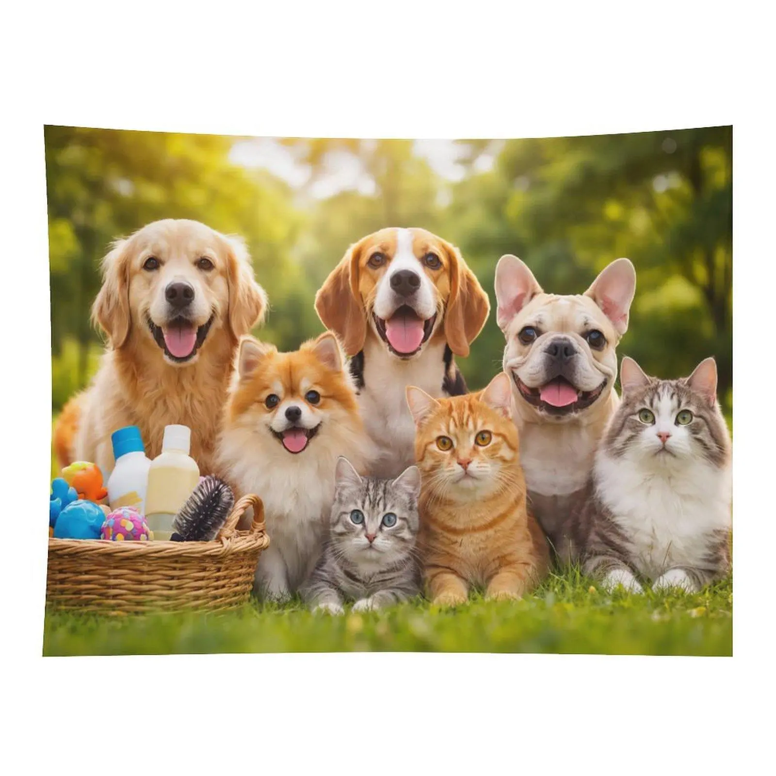 Cute Pet Group Wall Tapestry - Sunny Green Lawn Design with Golden Retriever, Pomeranian, Beagle, French Bulldog, Tabby Cat - Indoors Home Decor for Pet Lovers, Kids’ Bedrooms