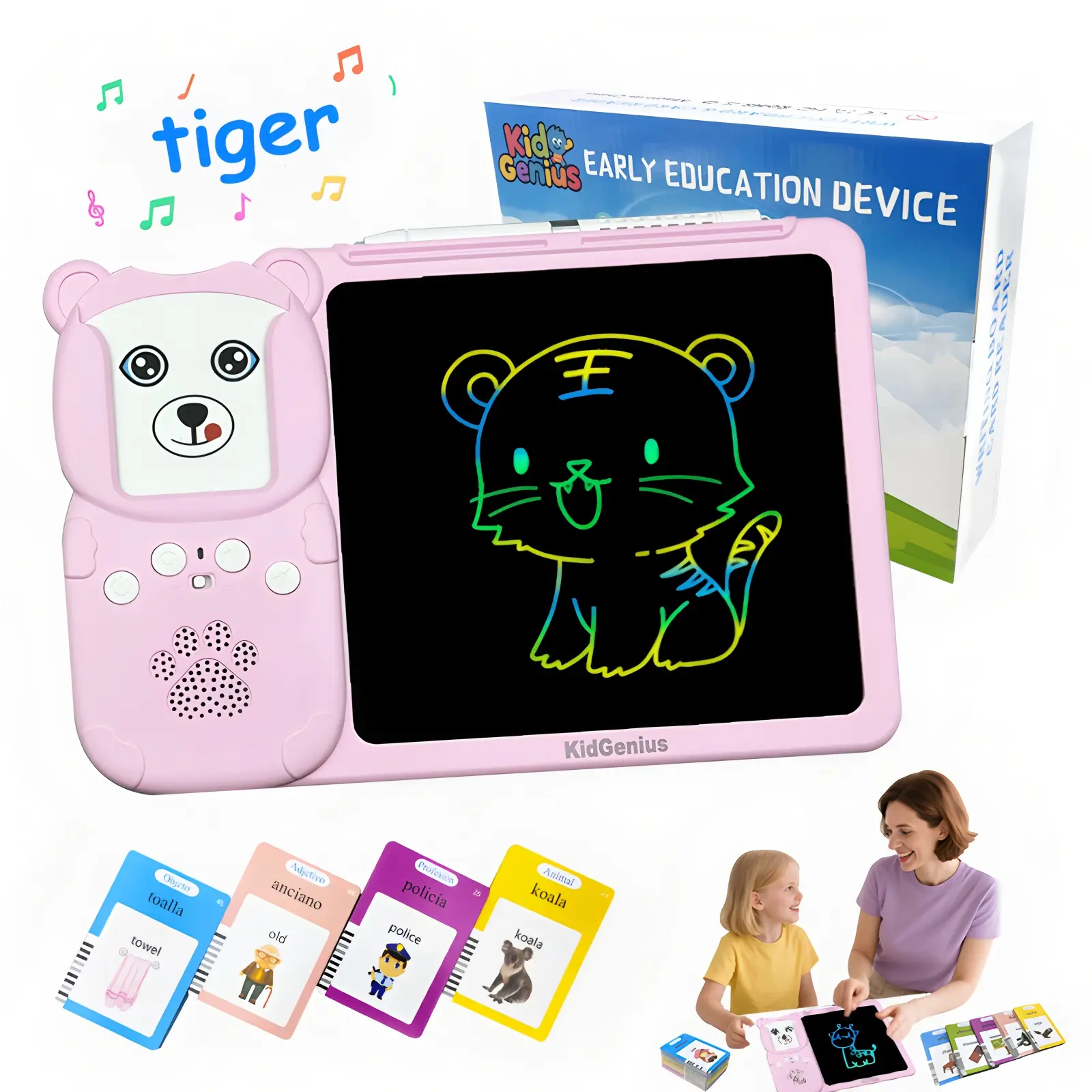 KIDGENIUS 3-in-1 Portable Digital Drawing Pad (Erasable LCD Writing Tablet) for Toddlers, Durable LCD Screen, Quick Eraser Button, 510 English-Spanish Vocabulary Voicecards, Rechargeable Early Education Set with Charging & Phonics Cards