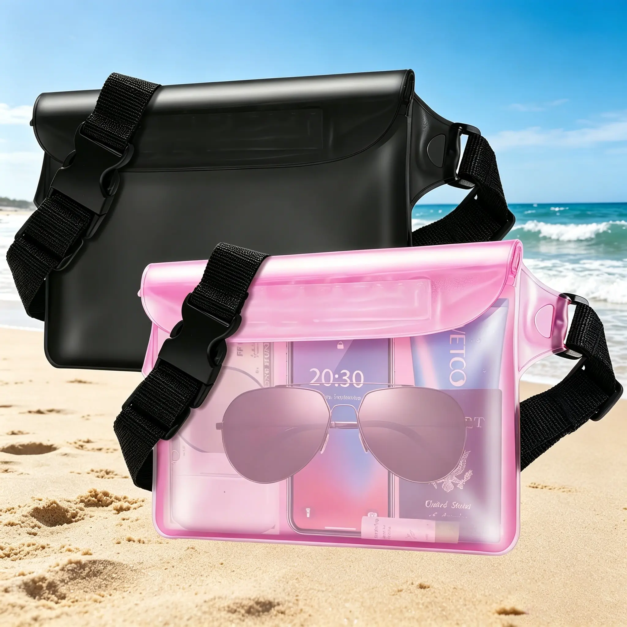 2 Pack IP68 Waterproof Fanny Pack - Adjustable Waist Pouch, Floating Touchscreen Dry Bag, Beach Bag for Kayaking & Swimming Water Sports Essentials
