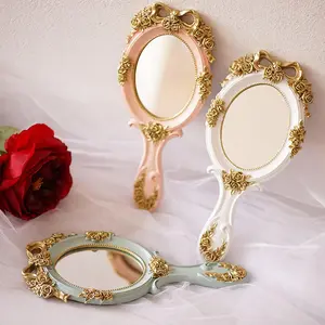 Portable Handheld Makeup Mirror, Travel Princess Style Metal Beauty Mirror, Oval Rose Embossed, Desktop Decor, Vintage Handle, Photo Props, 3-Piece Set