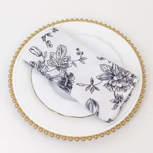 5 Pack Polyester 20"x20" Dinner Napkins White with Black French Toile Pattern - Reusable Floral Cloth Napkins