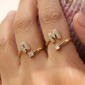 Charm Cute 14K Gold Plated Balloon Bubble 26 Letters Capital Monogram Initial Ring For Women , Fashion Open Ring With Cubic Zircon Index Finger Party Ring, Perfect Gift for Her
