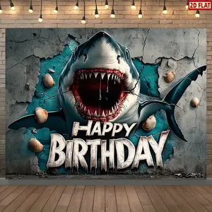 2D Flat Banner, 1pc Shark-Themed Happy Birthday Party Banner, Party Decoration - Polyester Backdrop with Realistic Shark Mouth Design, Blue & Teal Background for Home, Room, or Wall Decor, Perfect for Birthday Celebrations, Shar