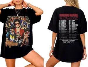 Bruno The Hooligans Unisex Tee, 24K Magic Romantic Tour Retro Performance Photo Collage Double Sided Graphic Shirt, Gift for Music Lovers and Concert Fans