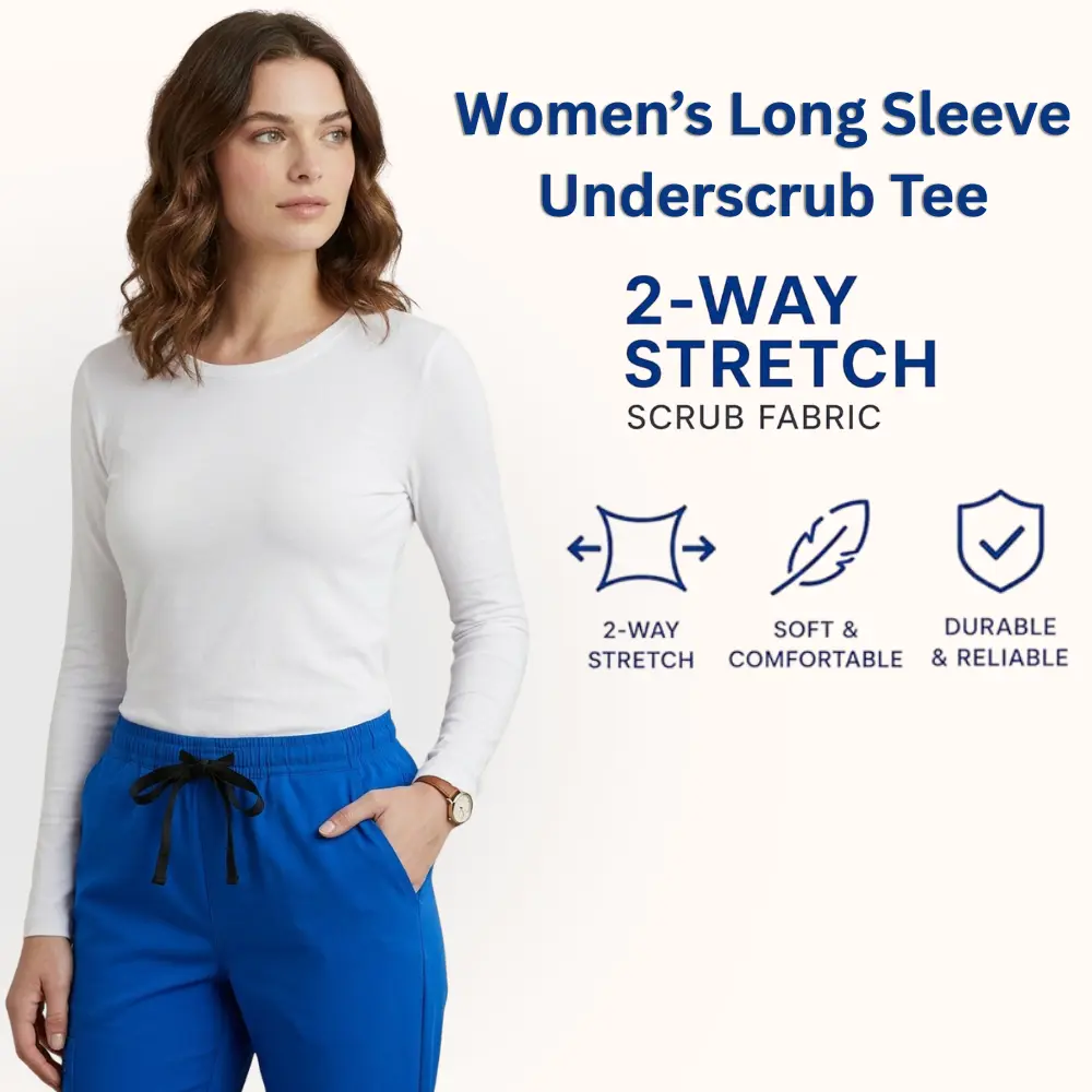 HEEDFIT Women's Long Sleeve Underscrub Tee - Stretchy & Lightweight Crew Neck Top for Medical Uniforms, Workwear & Labs, Solid, Fitted, Active Work