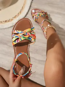 Women's Fashionable Rainbow Colorful Band Design, Casual Open Toe Slip on Multi Strap Bohemian Trending Boho Style Slides Sandals for Beach, Fashionable Shoes for Daily Wear, Summer