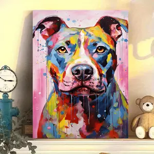 1pc, Colorful Abstract Pitbull Dog Portrait, Wooden Framed Canvas Art, 16x24 inches, Vibrant Wall Decor for Home, Office, School, Wedding, Halloween, Bachelor Party, Graduation, Anniversary-Wrapped Canvas Print Artwork