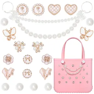 Charms for Bogg Bag, Butterfly Flowers for Bogg Bag Accessories Charms, Black Gold Charm & Bling Pearl Chain Compatible with Simply Southern Beach Bags Tote, Insert for Rubber Beach Tote Handbag (21 Pcs)