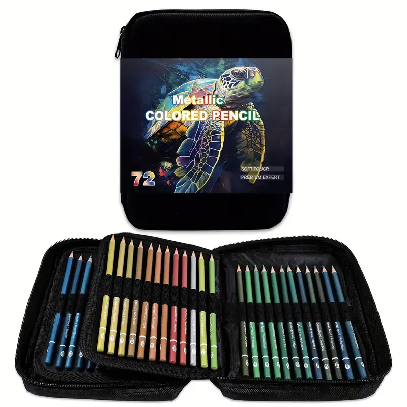 72 Metallic Colored Pencils Set - High-Quality Wax Cores with Shimmering Shades for Adults, Professional Artists | Portable and Practical Zippered Carry-Anywhere Case | Ideal for Creative Projects