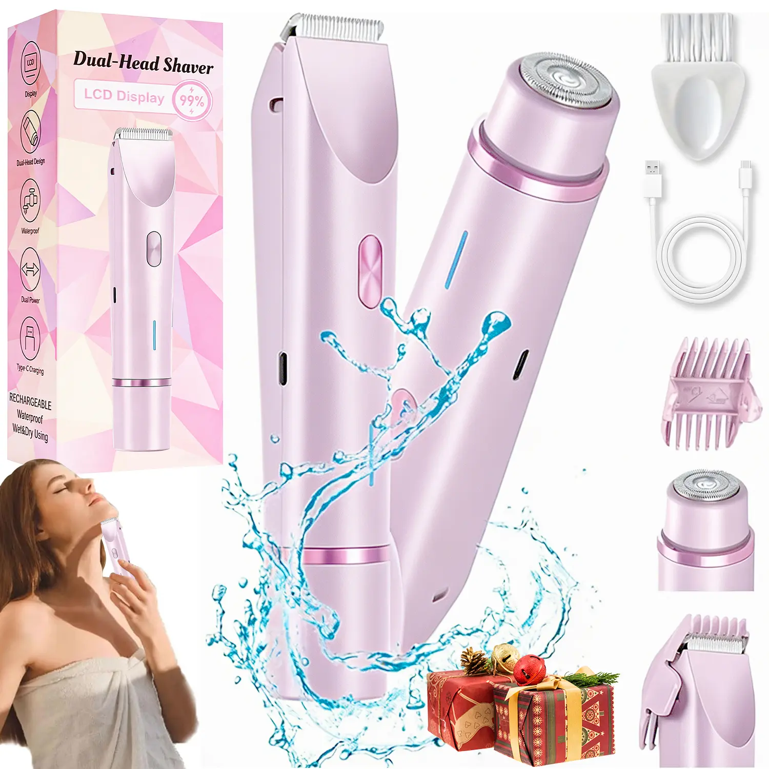 Women's 2-in-1 Electric Shaver & Trimmer - IPX7 Waterproof, Type-C Charging, Ceramic Blades for Bikini & Body Hair Removal, Smooth Gentle Grooming for Pubic, Legs, Underarms, Face