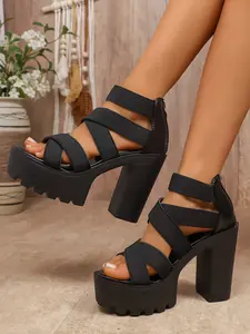 Summer New Plus Size Chunky Heel Waterproof Platform Fashion Sandals, Cross Elastic Strap Open Toe High Heels, Comfortable Non-Slip Thick Sole