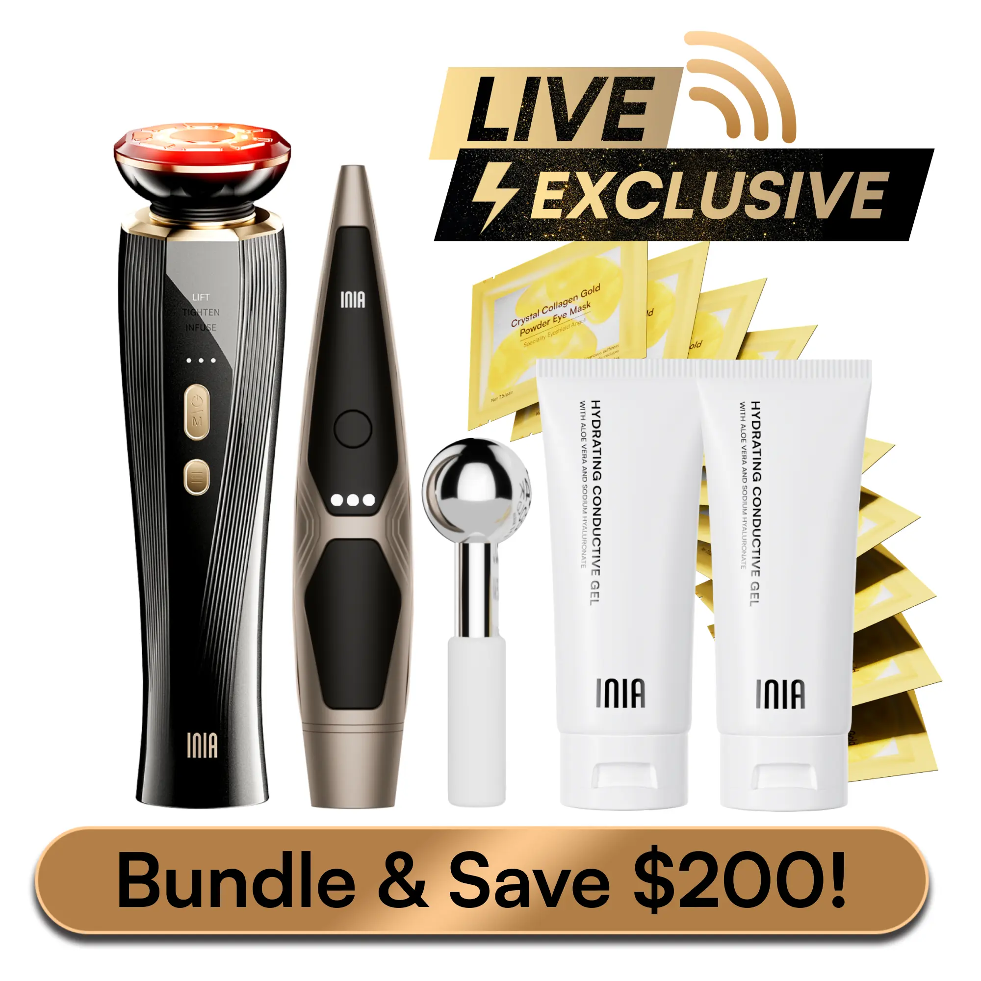【LIVE EXCLUSIVE】INIA FLARE & LUMIN Facial & Eye Skincare Bundle – 3-in-1 Face + 4-in-1 Eye Beauty Devices for Lifting, Tightening, Reducing Puffiness & Fine Lines,Buy 1 Get 15