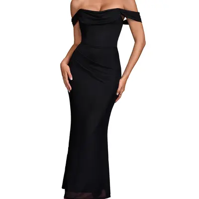 jesika ruched off shoulder maxi dress - black Jesika Ruched Off Shoulder Maxi Dress Fashionnova