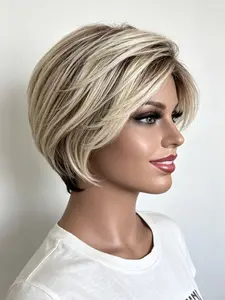 8Inches Trendy Short Pixie Cut Wigs Glueless Layered Wavy Synthetic Wigs With Bangs Ombre Gray Blonde Brown Black Mixed Color Natural Fluffy Stylish Daily Party Cosplay Fashion Hair Wigs For Wome