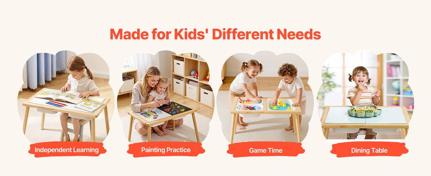 VEVOR Sensory Table for Toddlers, Wooden Kids Activity Table with Reversible Double-Sided Board, Storage Bins, and Non-Slip Feet, for Boys and Girls Playing Sand and Water, Drawing, Studying, Dining