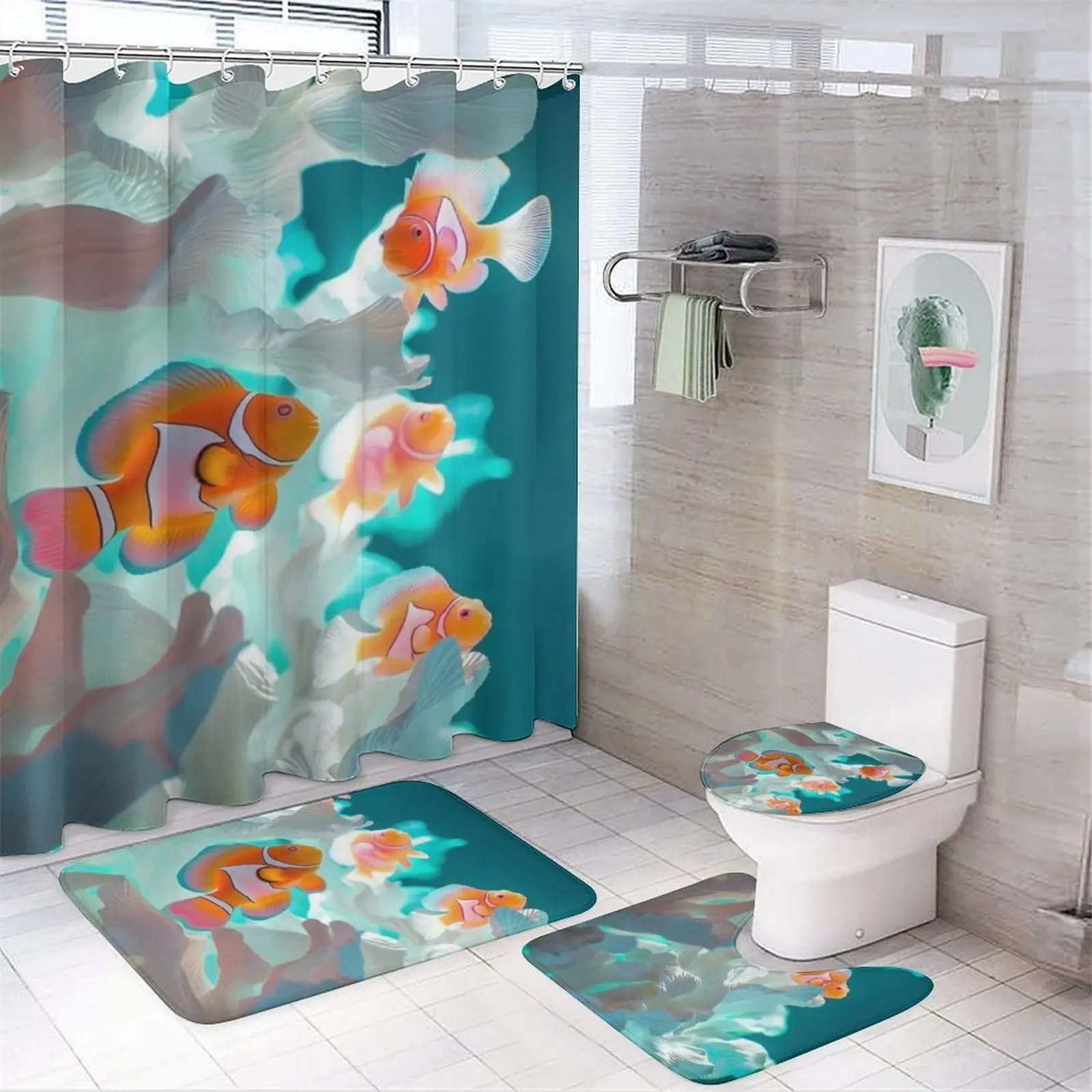 Ocean Clownfish Shower Curtain Sets with Rugs - 4 PCS Bathroom Restroom Decorations - Tropical Fish Coral Reef Scenery Bathroom Accessories with Non-Slip Flannel Bath Mat & Toilet Lid Cover