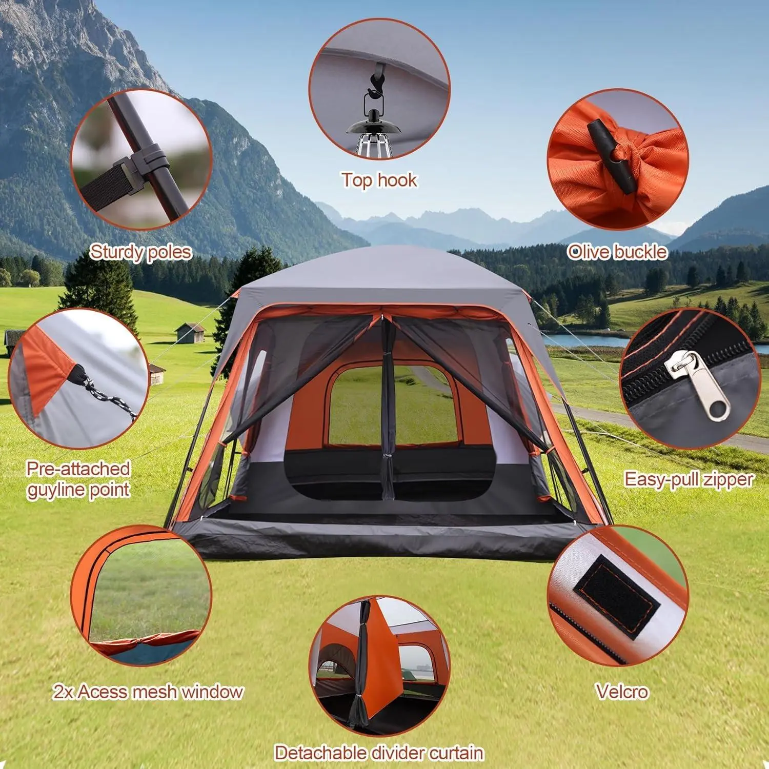 Large Waterproof Family Camping Tent – Tall Cabin Design with 3 Doors, Mesh Windows & Room Divider