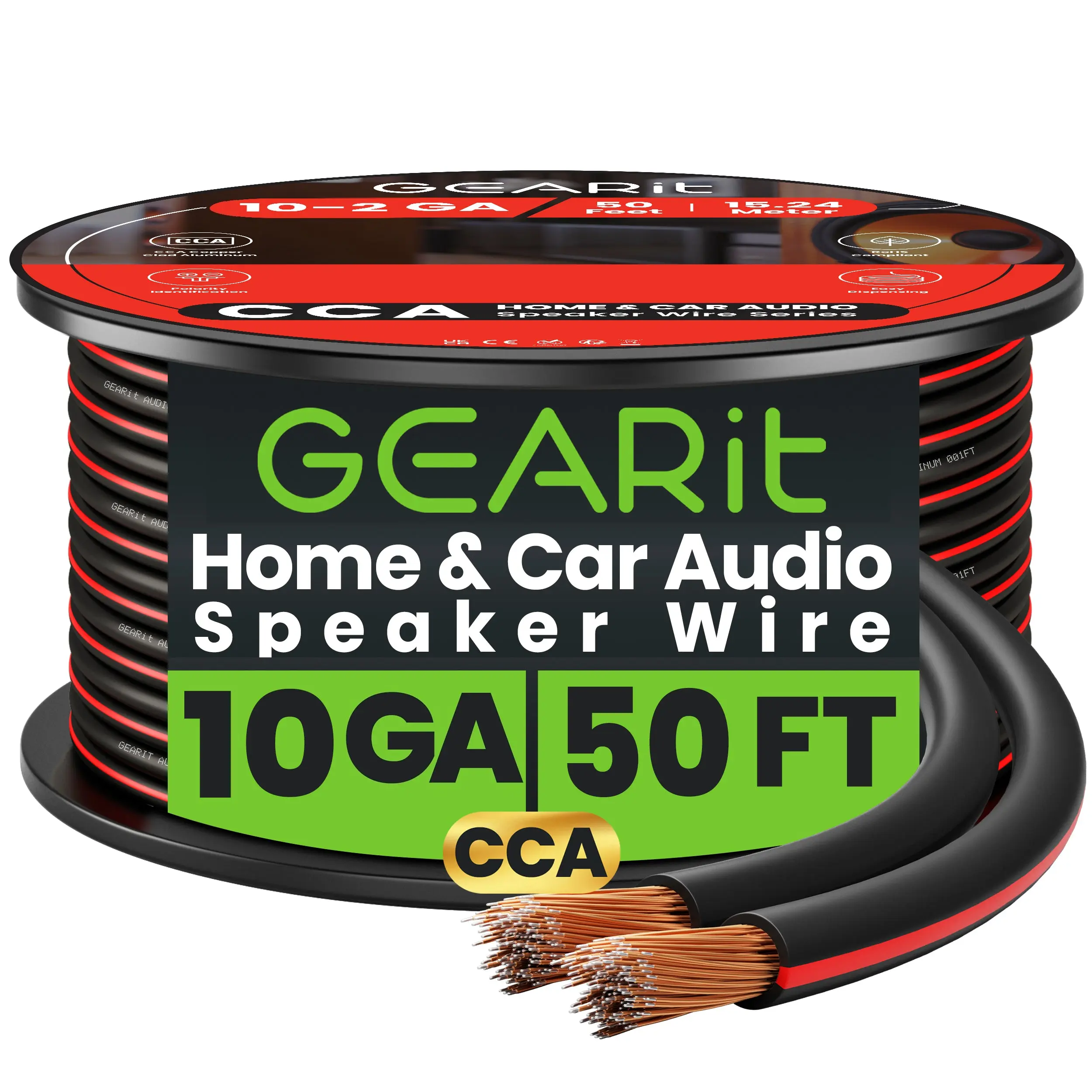 GEARit 10 Gauge Thick Speaker Wire - CCA Copper Clad Aluminum Stranded Twisted Pair PVC Cable for Bookshelf Speakers, Onkyo Devices, Radios