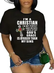 "I'm A Christian God's Grace Is Bigger Than My Sins" Floral Cross Cotton T-Shirt