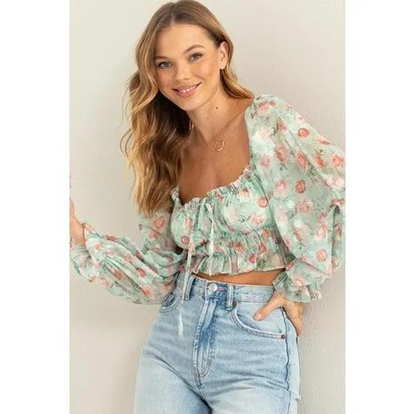 Cropped Balloon Sleeve Floral Blouse
