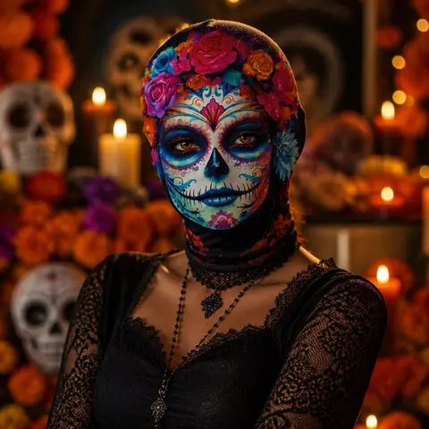 Yeomoo Floral Print Polyester Knit Cosplay Prop - Comfortable, Lightweight, Breathable Full Face Mask, Festive Party Accessories for Halloween, Dia De Los Muertos