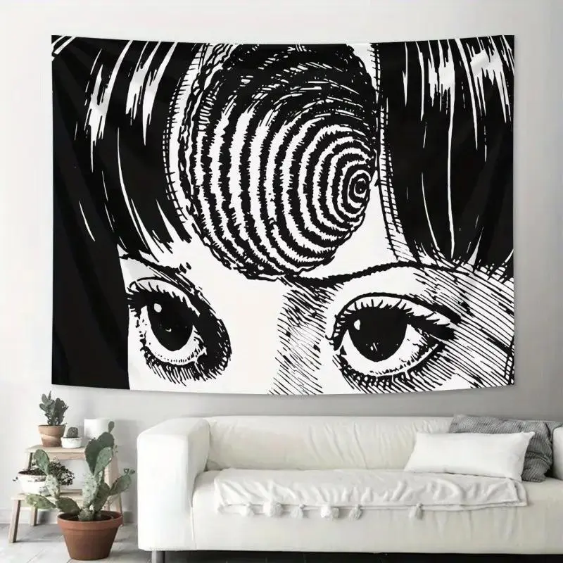 Anime Eye Knit Graphic Decor Tapestry - 100-120 G/㎡ per sq ft Peach Velvet Polyester Hangable Wall Hanging, Black & White Wall Art, Multi-Size Options for Indoors Home & Dorm Use