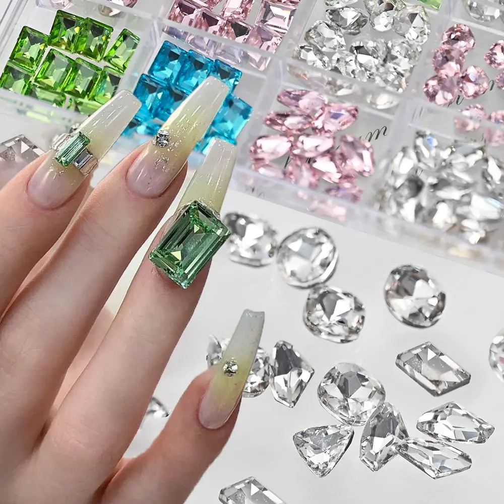 15Grid/box Colorful Square Heart Diamond Nail Rhinestone Pink Blue Clear Glass Special-Shaped Nail Diamonds Mixed Nail Crystal